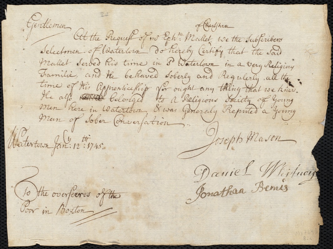 Susanna Holyman indentured to apprentice with Ephraim Mallet of Charlestown, 14 January 1745