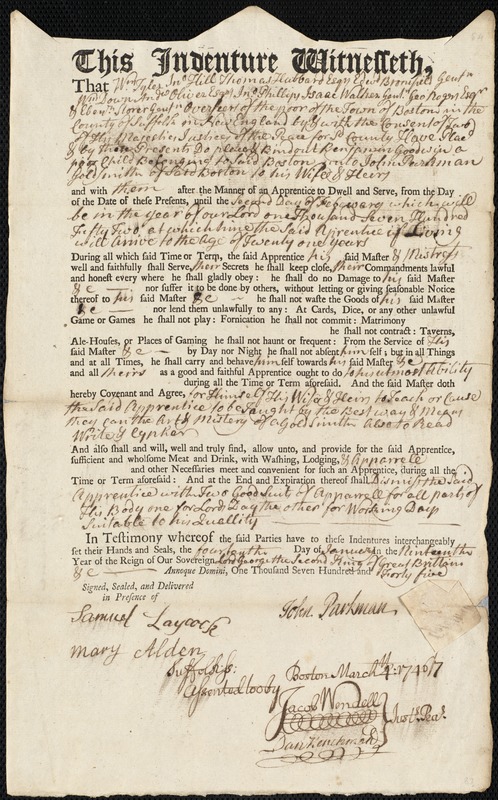 Benjamin Godwin [Goodwin] indentured to apprentice with John Parkman of Boston, 14 January 1745