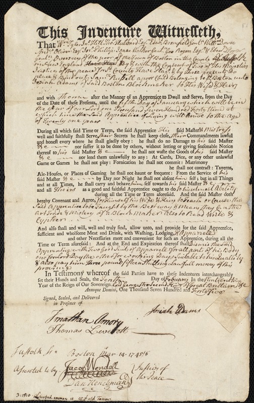 Samuel Russell indentured to apprentice with Josiah Adams of Boston, 10 February 1745