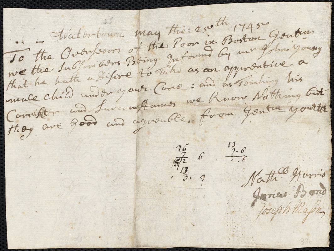 Jonathan Edmunds indentured to apprentice with John Young of Watertown, 5 June 1745
