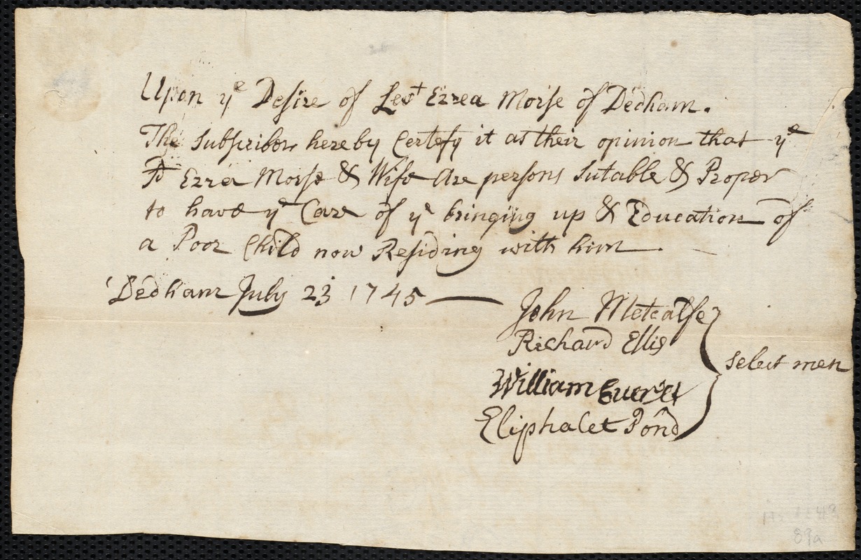 Mary Carr indentured to apprentice with Ezra Morse of Dedham, 25 July 1745
