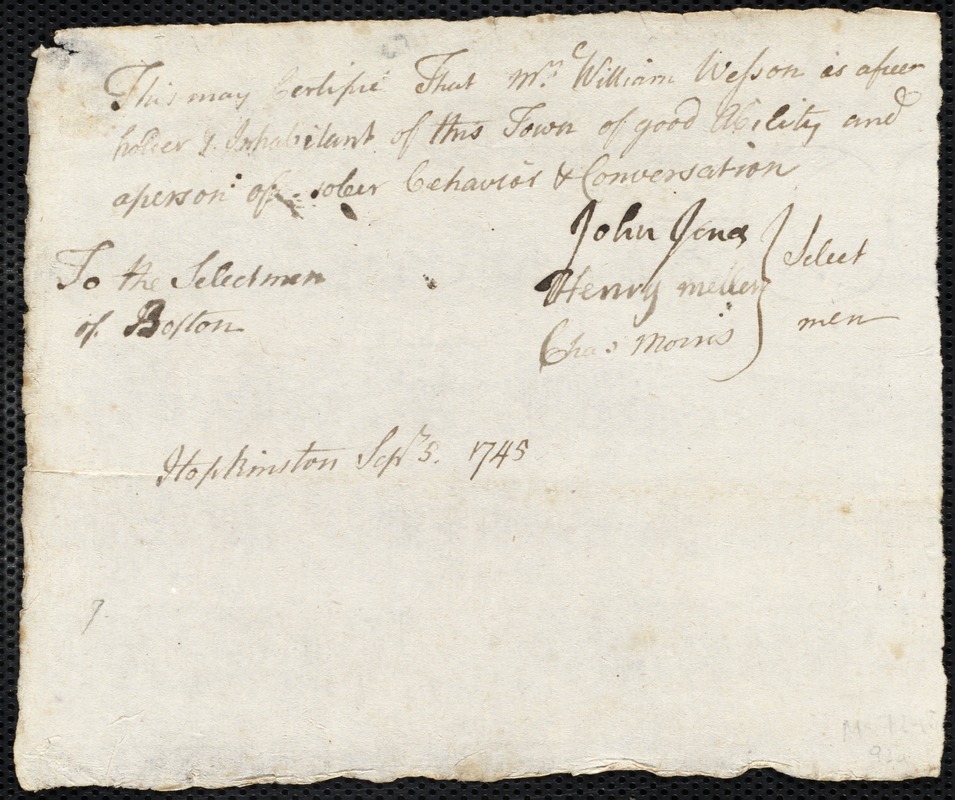 Samuel Bryant indentured to apprentice with William Wesson of Hopkinton, 3 September 1745