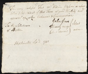 Document of indenture: Servant: Bryant, Samuel. Master: Wesson, William. Town of Master: Hopkinton. Selectmen of the town of Hopkinton autograph document signed to the Overseers of the Poor of Boston: Endorsement Certificate for William Wesson.