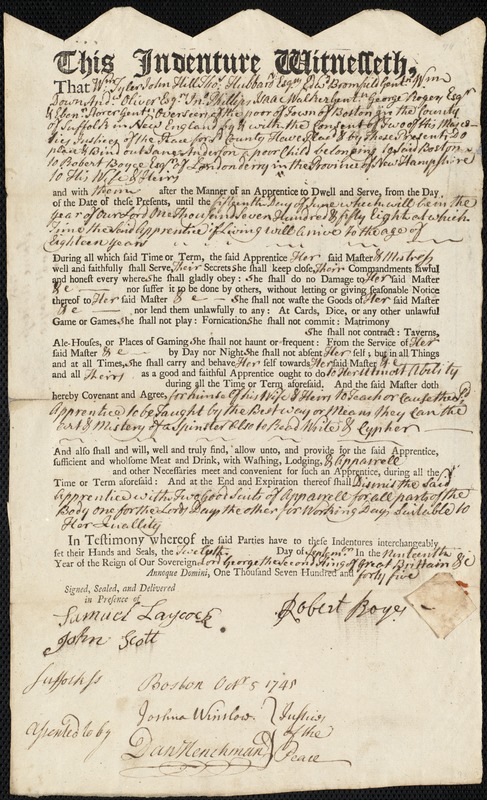 Jane Anderson indentured to apprentice with Robert Royce of Londonderry, 12 September 1745