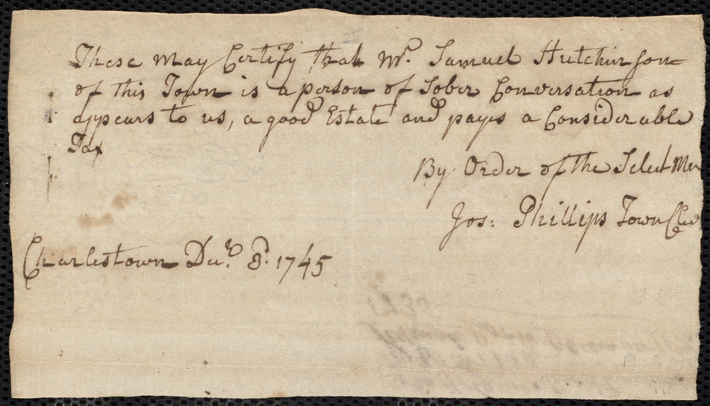 John Holaman indentured to apprentice with Samuel Hutchinson of Charlestown, 6 December 1745