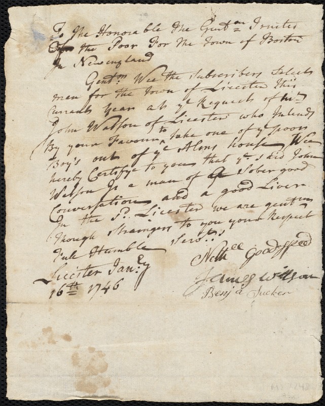 Hannah Sloaper indentured to apprentice with John Watson of Leicester, 27 January 1746