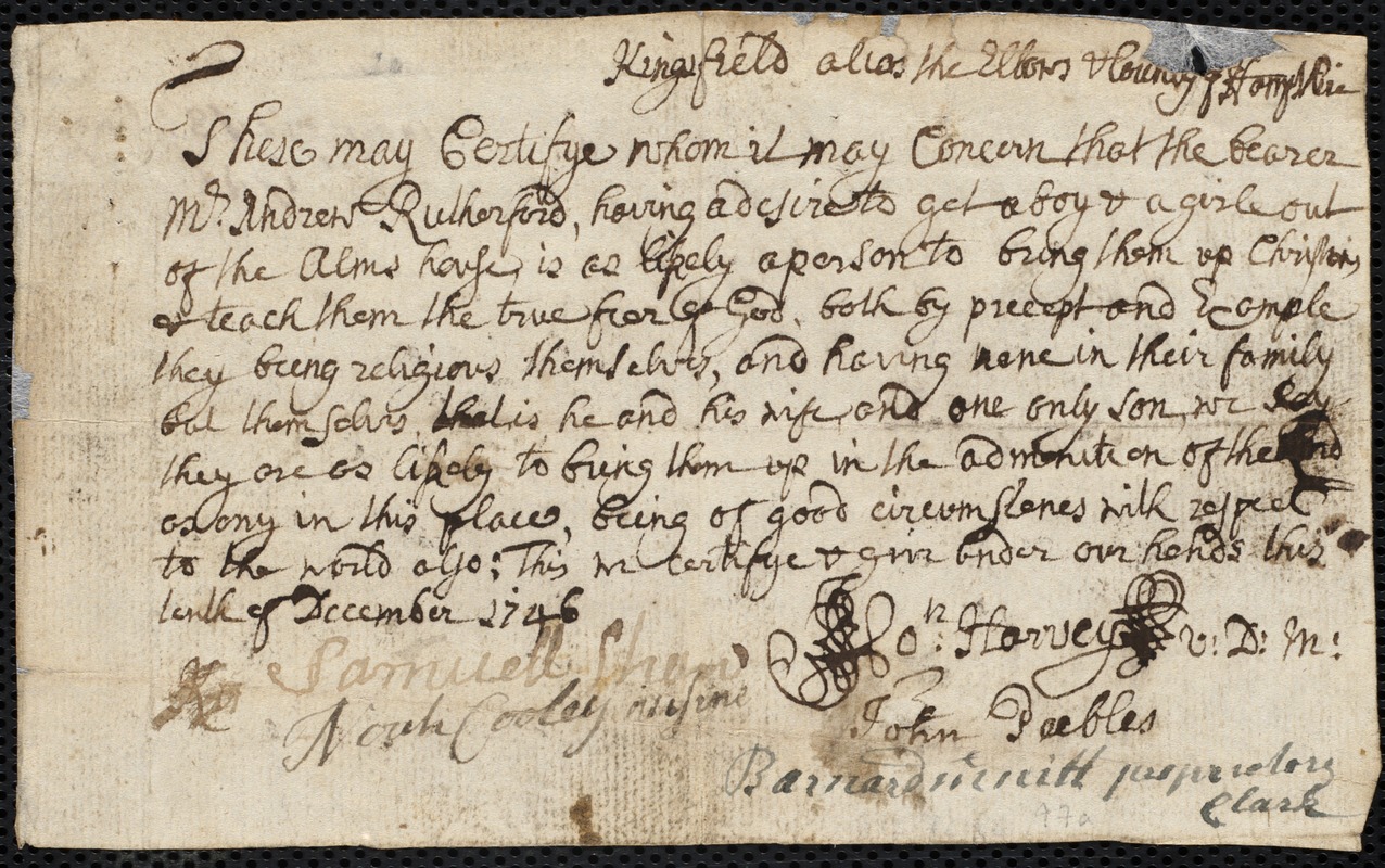 Margaret [Margret] Mathews indentured to apprentice with Andrew Rutherford of Kingsfield, 13 January 1746