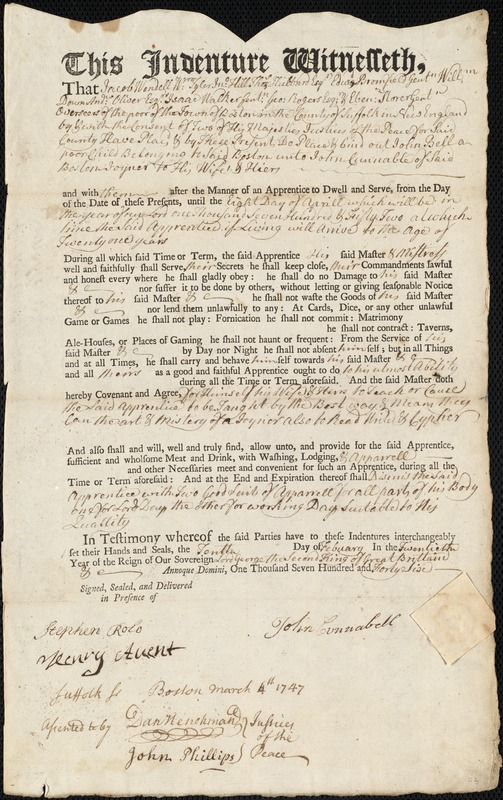 John Bell indentured to apprentice with John Cunnabell [Cunnable] of Boston, 10 February 1746