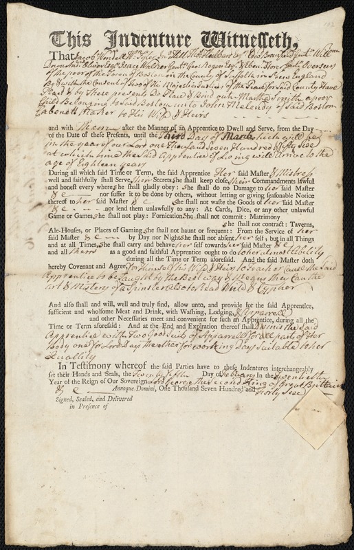 Martha Smith indentured to apprentice with John Melendy of Boston, 25 February 1746
