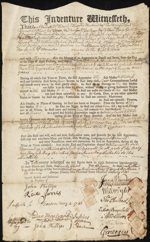 Mordecai [Mordicai] Moore indentured to apprentice with Alexander [Allesand] Nichols of Oxford, 23 February 1746