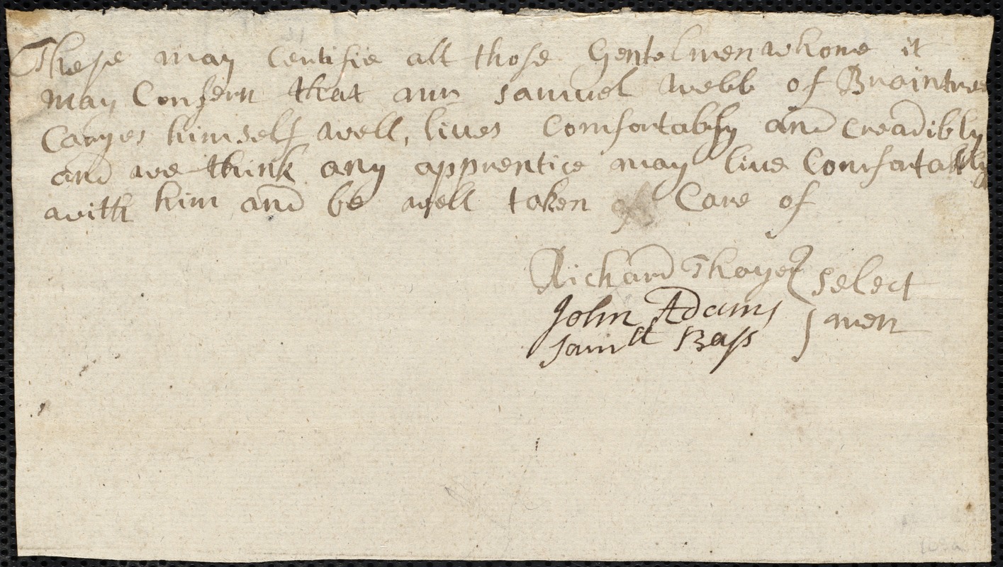 Elisabeth [Elizabeth] Mills indentured to apprentice with Samuel Webb of Braintree, 4 March 1746