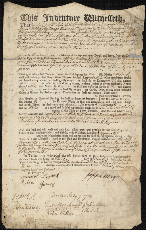 Jonathan Smallig indentured to apprentice with Joseph Mayo of Roxbury, 3 March 1746