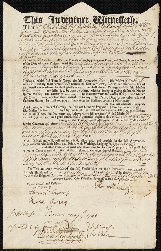 Thomas Capron indentured to apprentice with Thomas Marshall of Boston, 9 April 1746