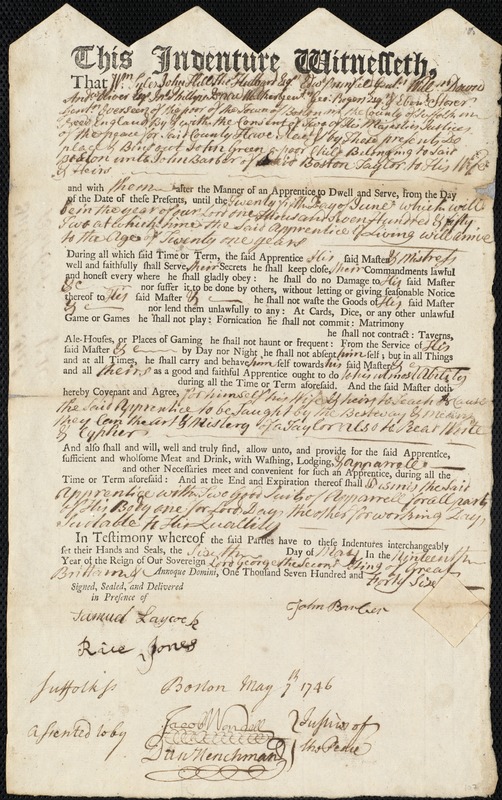 John Green indentured to apprentice with John Barber of Boston, 6 May 1746