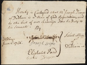 Mary Oliver indentured to apprentice with Joseph Dean of Dedham, 5 June 1746