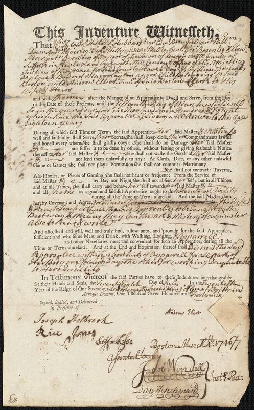 Mary Layton indentured to apprentice with Andrew Elliot, Jr. of Boston, 28 July 1746