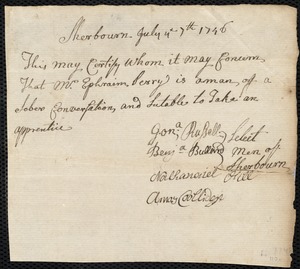 Thomas Barnett indentured to apprentice with Ephraim Perry of Sherborn, 25 July 1746