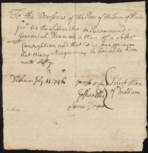 Mary Sturges indentured to apprentice with Jeremiah Dean of Dedham, 3 July 1746
