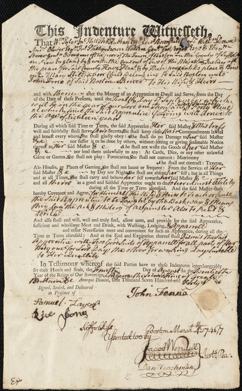 Mary Still indentured to apprentice with John Fenne of Boston, 4 August 1746