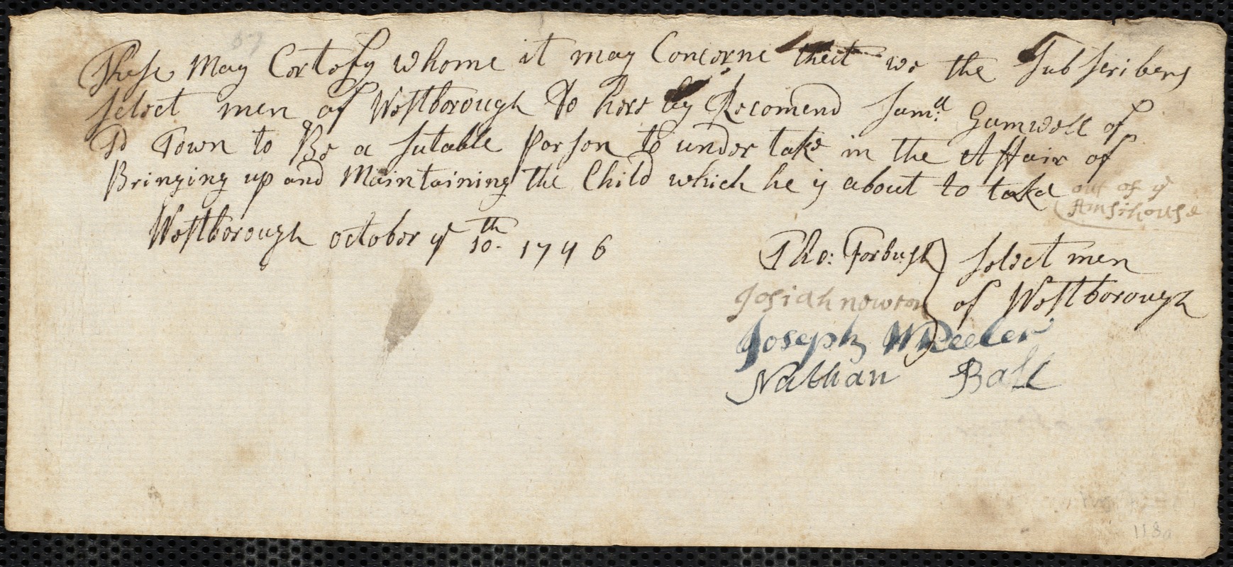 Thomas Smith indentured to apprentice with Samuel [Sam] Gamwell of Westborough, 21 October 1746