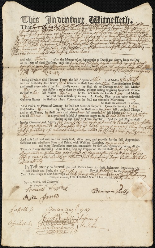 James Griffin indentured to apprentice with Benjamin Shelly of Raynham, 1 October 1746
