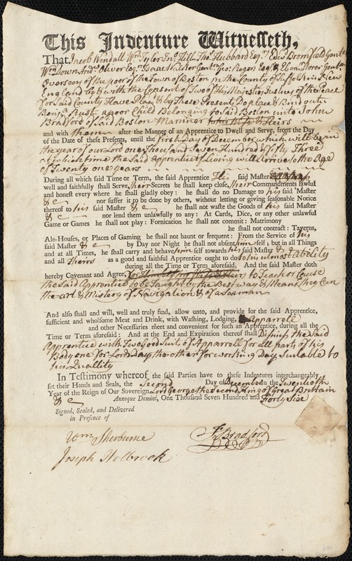 Benjamin Rust indentured to apprentice with John Bradford of Boston, 2 December 1746