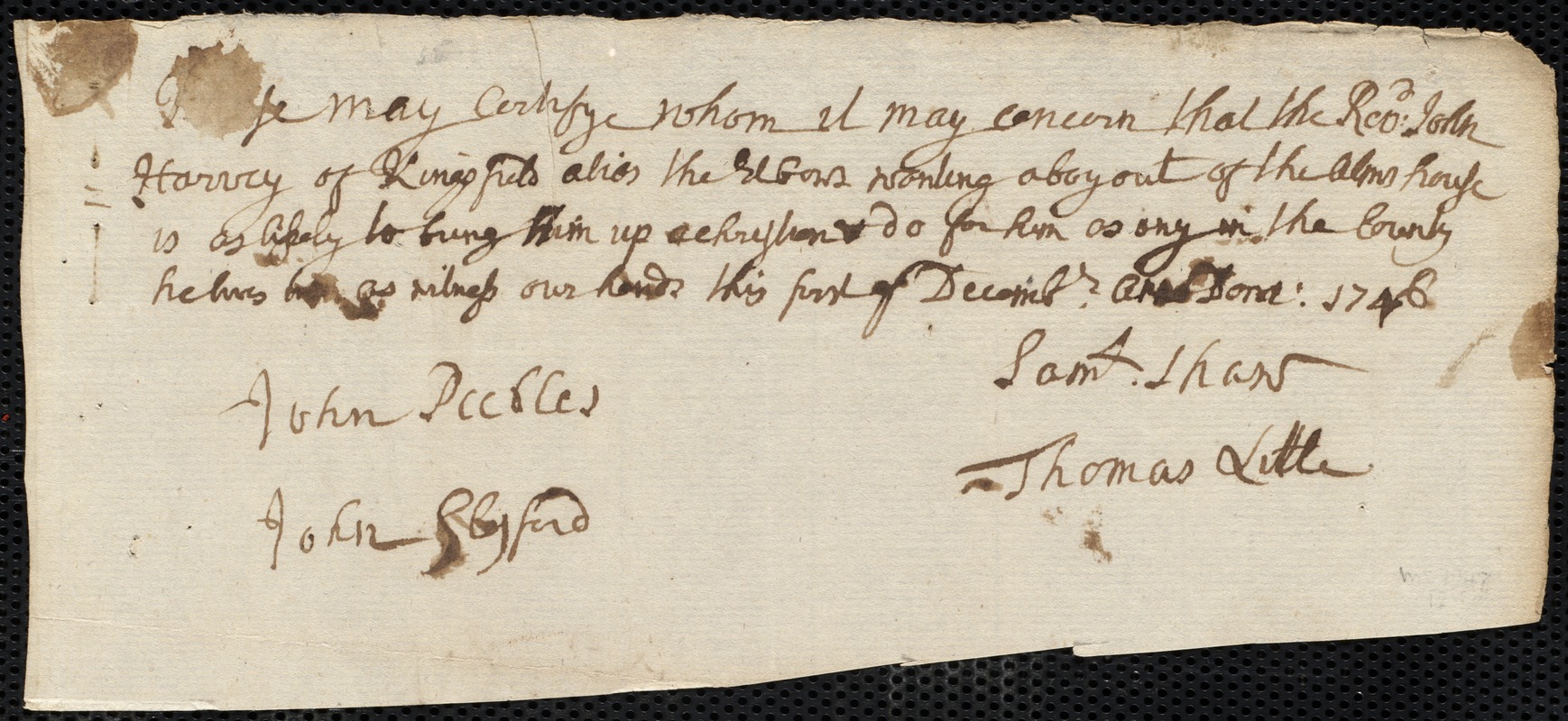 John Kelly indentured to apprentice with John Harvey of Kingsfield, 25 December 1746