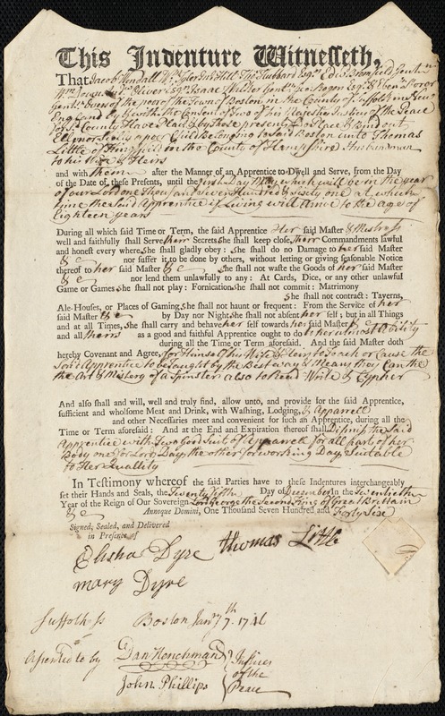 Ellenor Scolly indentured to apprentice with Thomas Little of Kingsfield, 25 December 1746