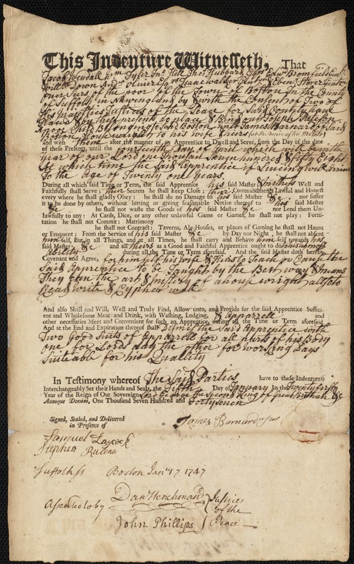 Joseph Pateson indentured to apprentice with James Barnard, Jr. of Boston, 5 January 1747