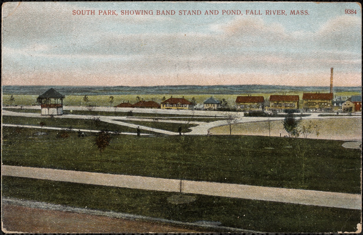 South Park, showing band station and pond, Fall River, Mass.