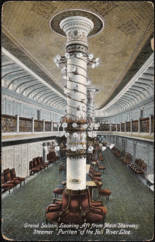 Grand saloon, looking aft from main stairway, Steamer Puritan of the Fall River Line