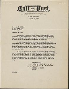 Letter from William O. Walker, Cleveland, Ohio, to Jack Miller, Boston, 1947 August 27