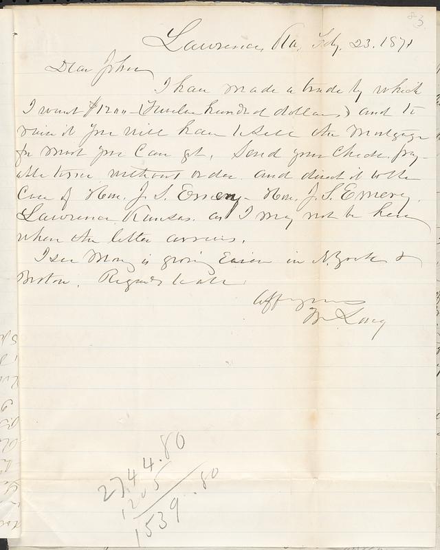 Letter from Zadoc Long to John D. Long, February 23, 1871