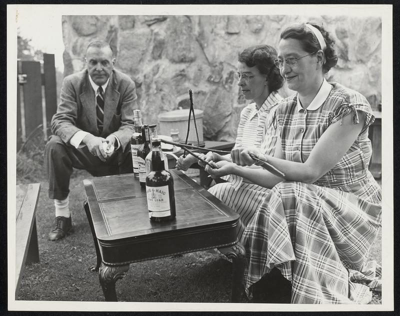 Liquor Dowsing, L to R. Kenneth Roberts - who conducted water dowsing experiment at his farm. Dowser Dorothy Doe. Dowser Kathryn Mulheron.