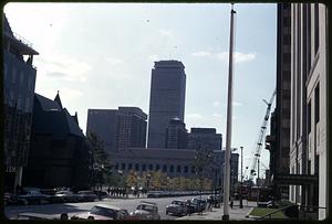 Looking down Boylston Street toward Trinity Church, Boston Public Library and the Prudential Tower