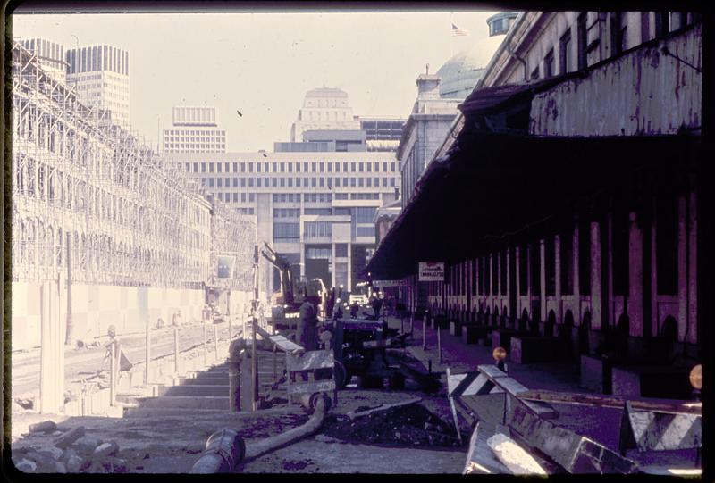 A view of Boston City Hall from the Faneuil Hall area under construction