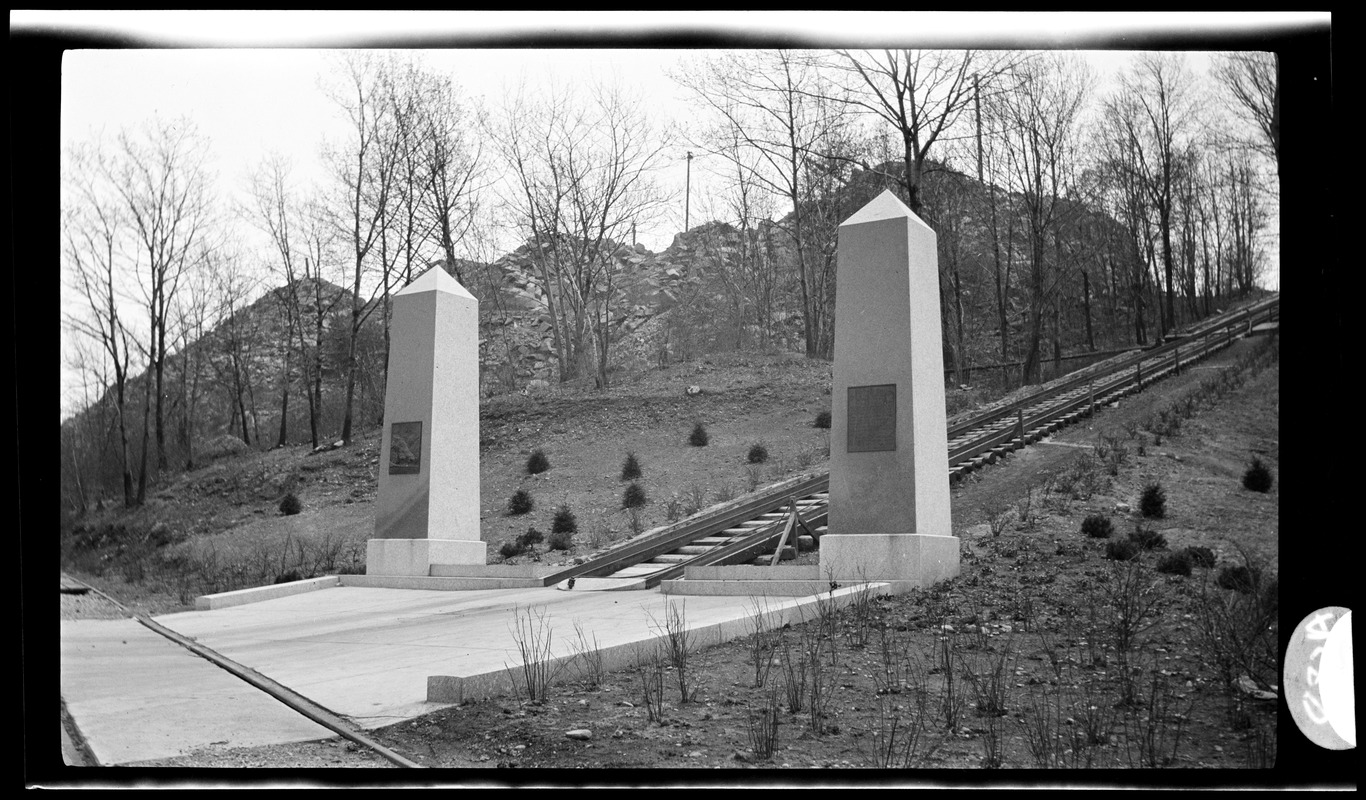 Granite Railway obelisks at foot of incline