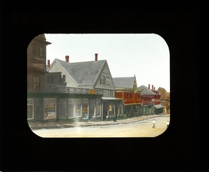 Wollaston stores. (color). 1920s. Newport Ave across from Wollaston depot. "The Nutshell" (store)