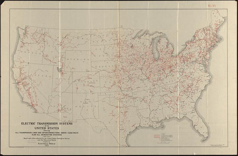Electric transmission systems of the United States, showing all transmission lines and interconnections above 11,000 volts also all generating stations