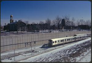 Part of series on Mass. Transit - new Quincy Rapid Transit line to Boston showing parking garage