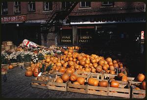 Pumpkins and flowers for sale outside North Market, Boston