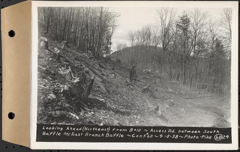 Contract No. 60, Access Roads to Shaft 12, Quabbin Aqueduct, Hardwick and Greenwich, looking ahead (northeast) from 8+10, Greenwich and Hardwick, Mass., Apr. 5, 1938