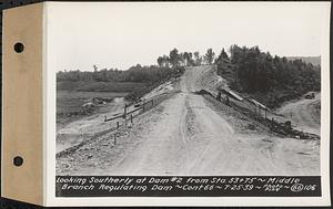 Contract No. 66, Regulating Dams, Middle Branch (New Salem), and East Branch of the Swift River, Hardwick and Petersham (formerly Dana), looking southerly at dam 2 from Sta. 53+75, middle branch regulating dam, Hardwick, Mass., Jul. 25, 1939