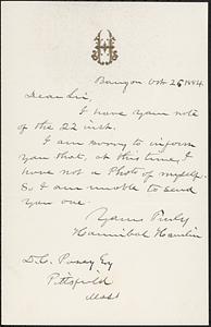 Letter from Hannibal Hamlin, Bangor, to Darwin C. Pavey, Pittsfield, Mass., 1884 October 26