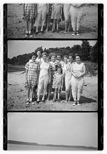 Group portraits near pond or beach including Maude Sanromá