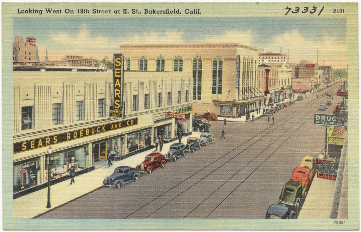 Looking west on 19th Street at K. St., Bakersfield, Calif.