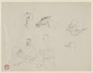 Three head studies, a man putting his socks on, and a bird study; on verso, two head studies, one horse study and a man figure