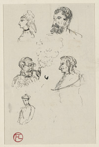 Five sketches of men and women; on verso, four studies of ship and a letter