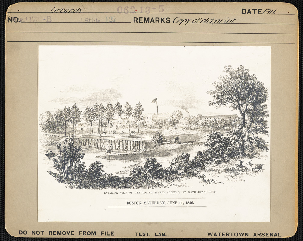 Copy of old print, exterior view of US Arsenal, Watertown, MA