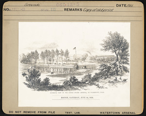 Copy of old print, exterior view of US Arsenal, Watertown, MA